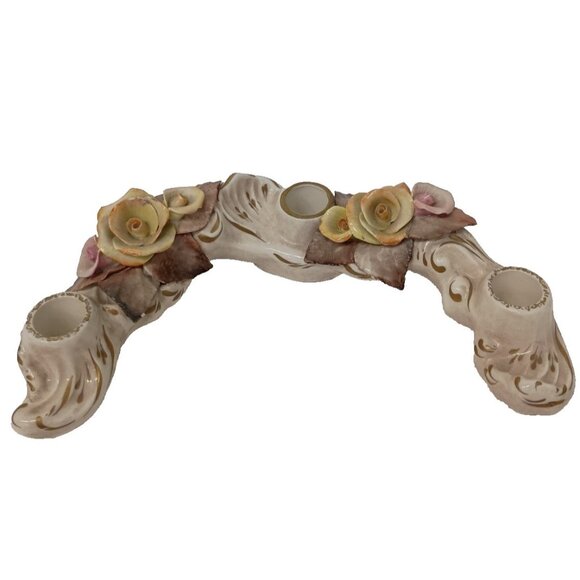 Vintage Capodemonte Ceramic 3D Floral Design Candelabra Triple Candle Holder - Picture 1 of 8